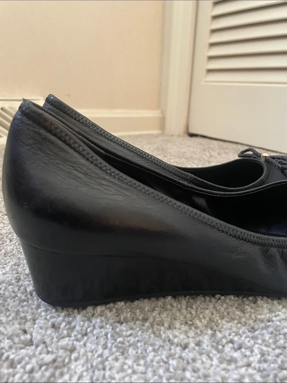 Cole Haan Tali Grand Wedge Sz 9 Black Leather Ballet Flats Braided Bow 1.5” heel